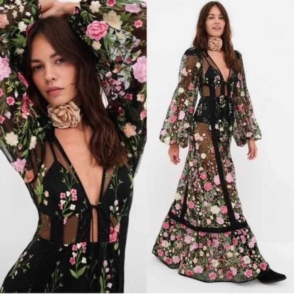 For Love & Lemons Luna Maxi Dress In Embroidered Black Floral Size Xs Nwt